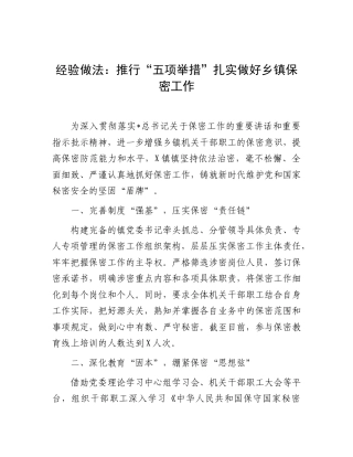 -经验做法发言：推行“五项举措”扎实做好乡镇保密工作.doc