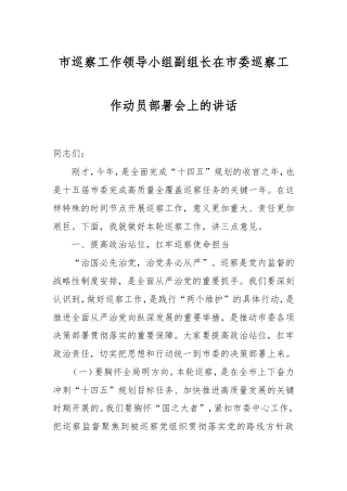 市巡察工作领导小组副组长在市委巡察工作动员部署会上的讲话.doc
