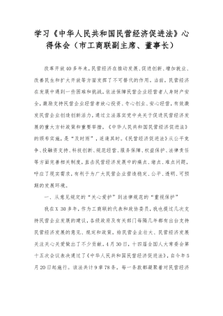 学习《中华人民共和国民营经济促进法》心得体会（市工商联副主席、董事长）.doc