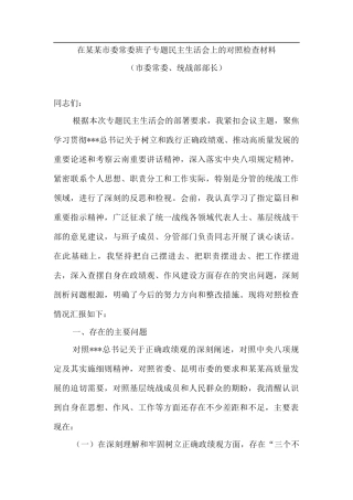 在某某市委常委班子专题民主生活会上的对照检查材料（市委常委、统战部部长）.docx