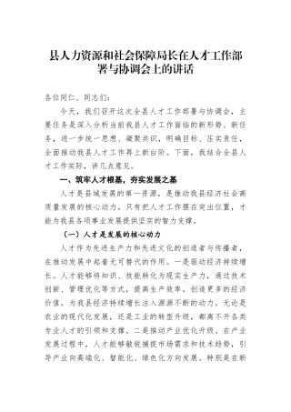 县人力资源和社会保障局长在人才工作部署与协调会上的讲话.docx