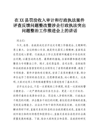 在XX县罚没收入审计和行政执法案件评查反馈问题整改暨涉企行政执法突出问题整治工作推进会上的讲话.docx