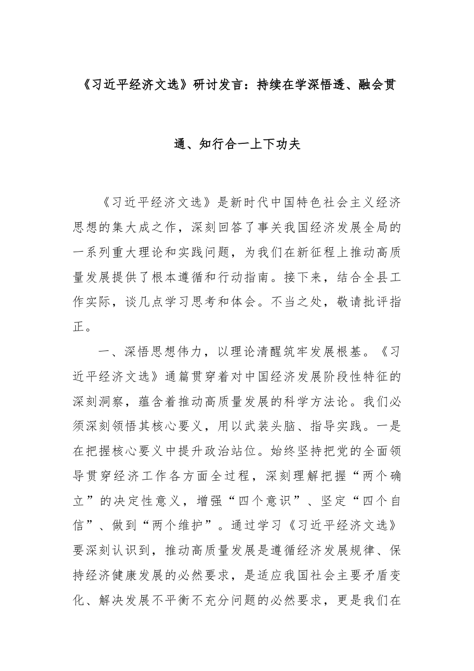 《总书记经济文选》研讨发言：持续在学深悟透、融会贯通、知行合一上下功夫.docx_第1页