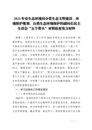 2025年市生态环境局分管生态文明建设、环境保护规划、自然生态环境保护的副局长民主生活会“五个带头”对照检查发言材料.docx
