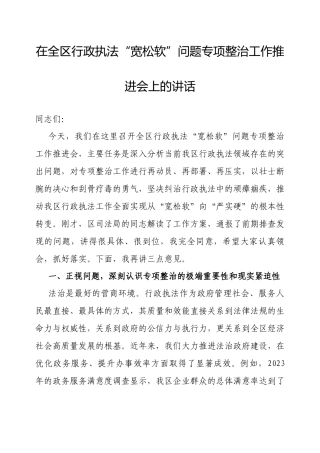 在全区行政执法“宽松软”问题专项整治工作推进会上的讲话.docx