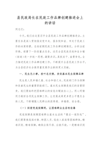 县民政局长在民政工作品牌创建推进会上的讲话.doc