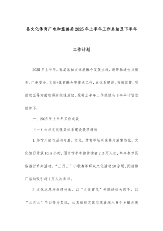 县文化体育广电和旅游局2025年上半年工作总结及下半年工作计划.doc