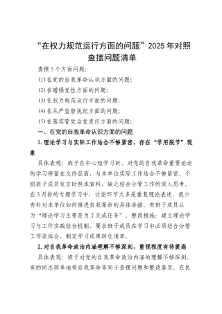 “在权力规范运行方面的问题”2025年对照查摆问题清单（最新样本）.docx