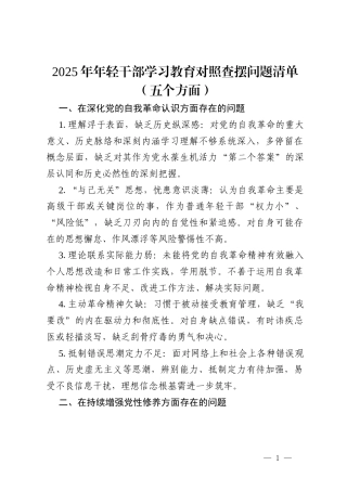 2025年年轻干部学习教育对照查摆问题清单（五个方面）.docx