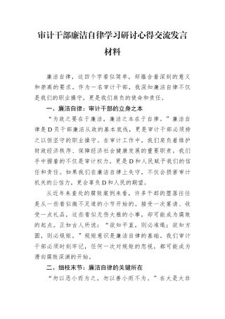 审计干部廉洁自律学习研讨心得交流发言材料.docx