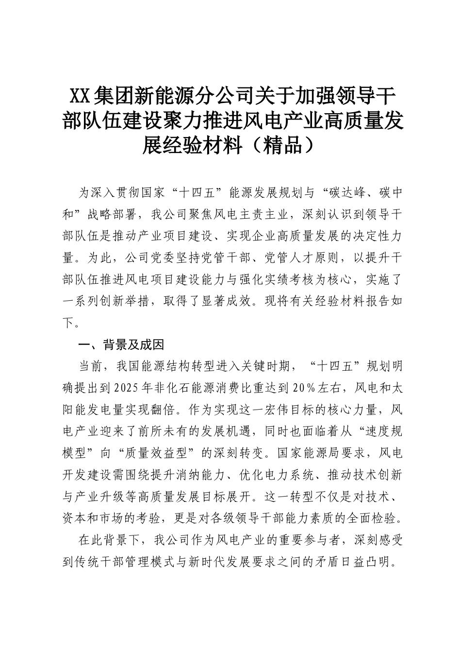 XX集团新能源分公司关于加强领导干部队伍建设聚力推进风电产业高质量发展经验材料（精品）.docx_第1页