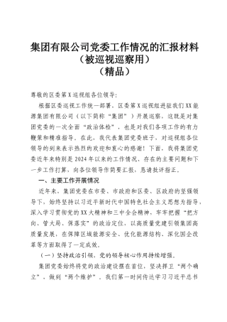 集团有限公司党委工作情况的汇报材料（被巡视巡察用）（精品）.docx