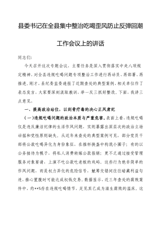 县委书记在全县集中整治吃喝歪风防止反弹回潮工作会议上的讲话.doc