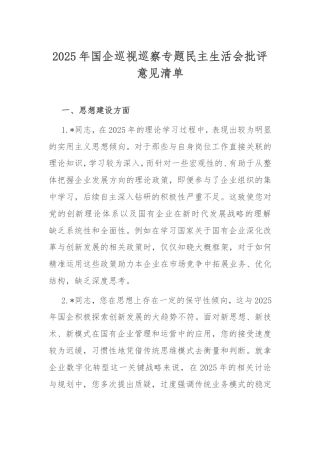 2025年国企巡视巡察专题民主生活会批评意见清单.doc