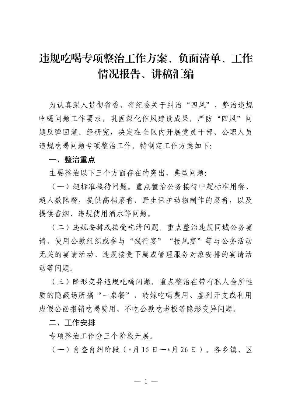 违规吃喝专项整治工作方案、负面清单、工作情况报告、讲稿汇编.docx_第1页