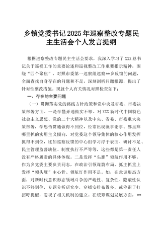 乡镇党委书记2025年巡察整改专题民主生活会个人发言提纲.docx