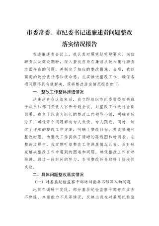 市委常委、市纪委书记述廉述责问题整改落实情况报告.docx