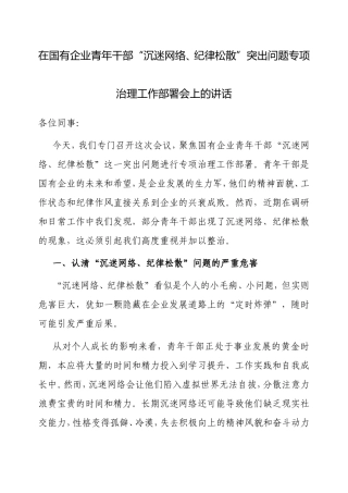 在国有企业青年干部“沉迷网络、纪律松散”突出问题专项治理工作部署会上的讲话.doc