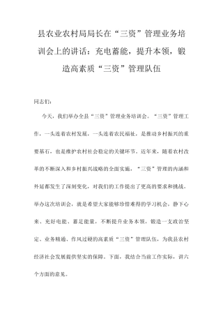 县农业农村局局长在“三资”管理业务培训会上的讲话：充电蓄能，提升本领，锻造高素质“三资”管理队伍.docx
