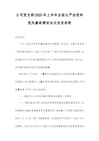 公司党支部2025年上半年全面从严治党和党风廉政建设会议发言材料.doc