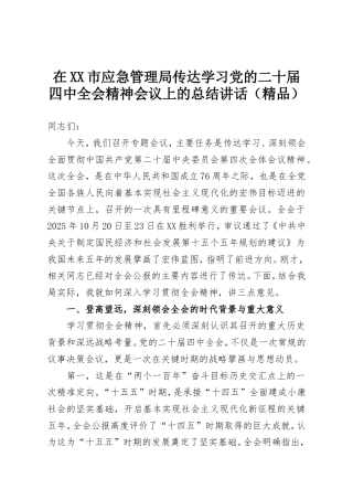 在XX市应急管理局传达学习党的二十届四中全会精神会议上的总结讲话.doc
