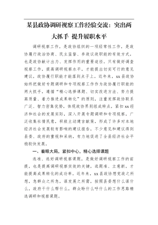 某县政协调研视察工作经验交流：突出两大抓手+提升履职水平.docx
