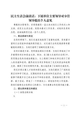 民主生活会前谈话：下属单位主要领导对分管领导提出个人意见.docx