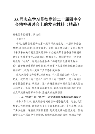 XX同志在学习贯彻党的二十届四中全会精神研讨会上的发言材料（精品） (1).docx