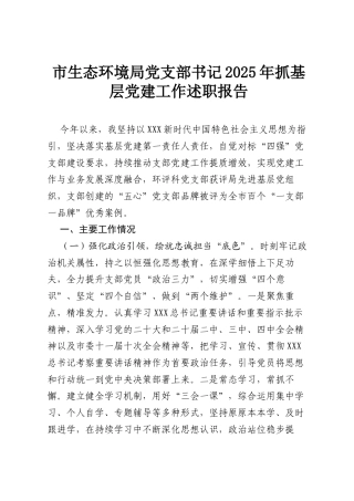 市生态环境局党支部书记2025年抓基层党建工作述职报告.docx