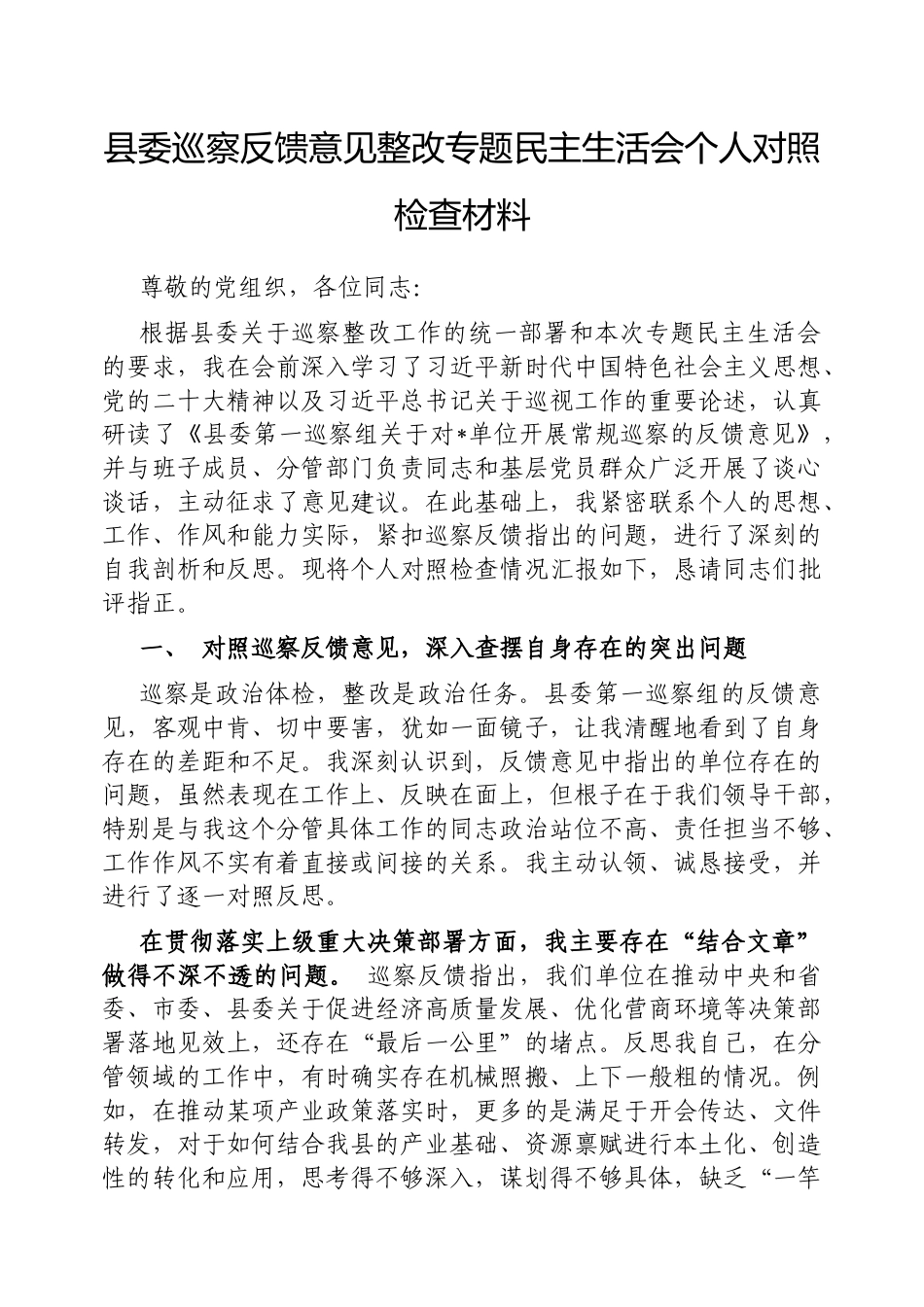 2025年县委巡察反馈意见整改专题民主生活会个人对照检查材料（市直单位负责人）.docx_第1页