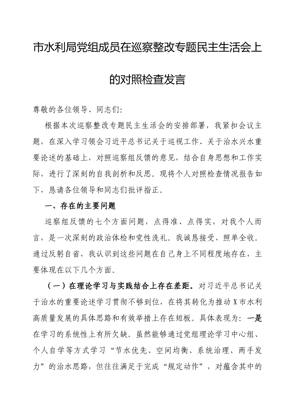 2025年巡察整改专题民主生活会对照检查发言（市水利局党组成员）.docx_第1页