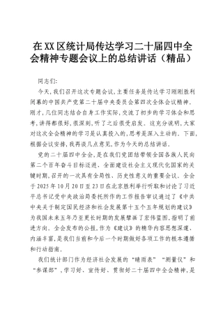 在XX区统计局传达学习二十届四中全会精神专题会议上的总结讲话（精品）.docx
