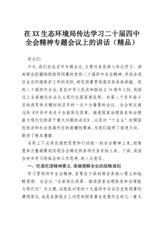 在XX生态环境局传达学习二十届四中全会精神专题会议上的讲话（精品）.docx