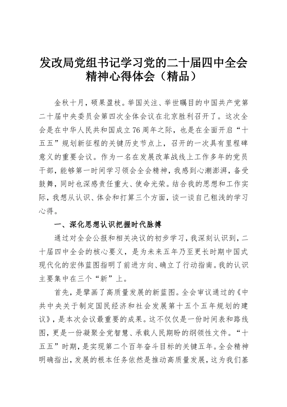 发改局党组书记学习党的二十届四中全会精神心得体会（精品）.doc_第1页