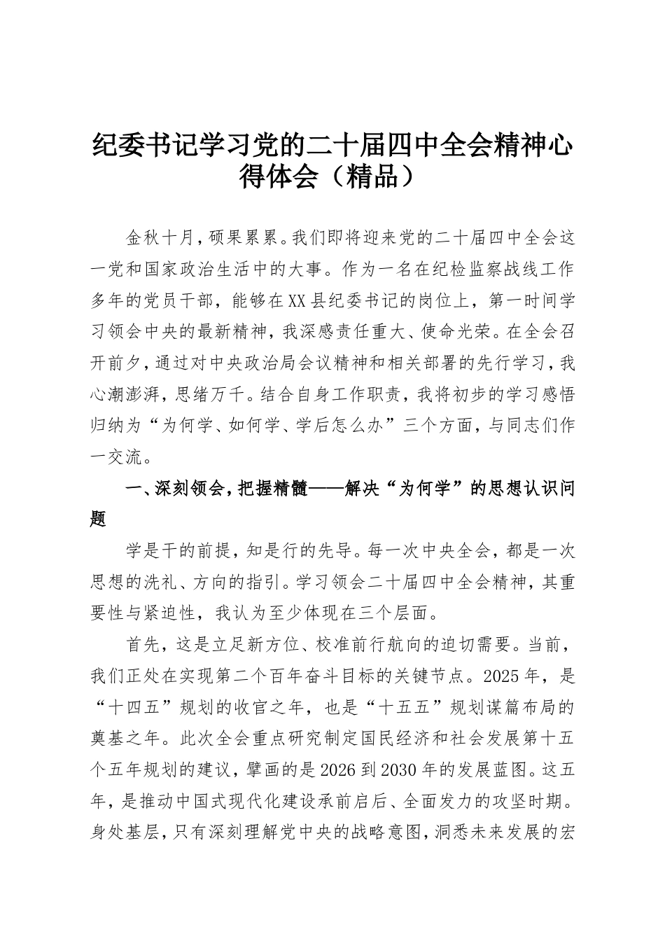 纪委书记学习党的二十届四中全会精神心得体会（精品）.doc_第1页