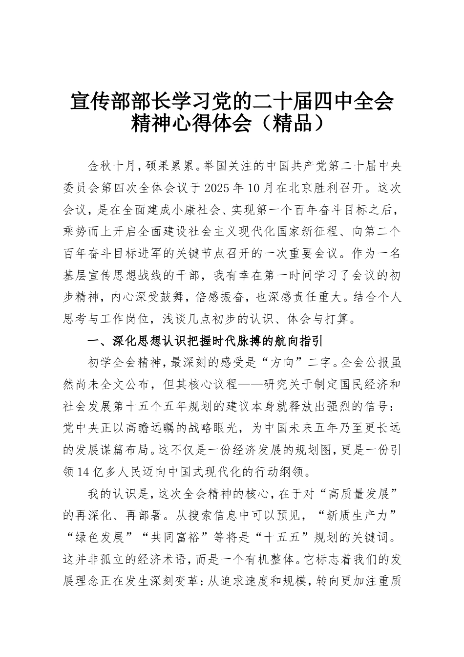 宣传部部长学习党的二十届四中全会精神心得体会（精品）.doc_第1页