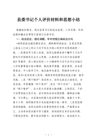 县委书记个人评价材料和思想小结.docx