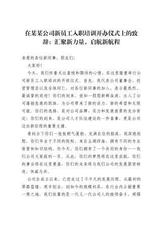在某某公司新员工入职培训开办仪式上的致辞：汇聚新力量，启航新航程.docx