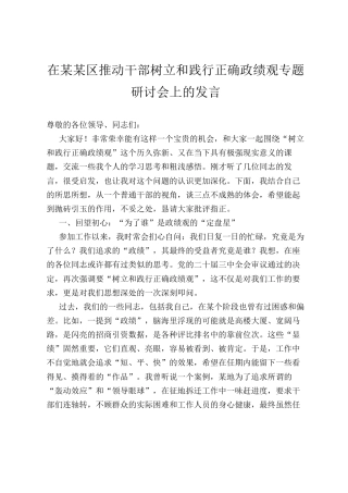 在某某区推动干部树立和践行正确政绩观专题研讨会上的发言.docx