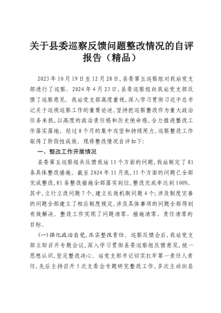 关于县委巡察反馈问题整改情况的自评报告（精品）.docx