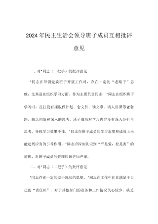 2024年民主生活会领导班子成员互相批评意见.docx