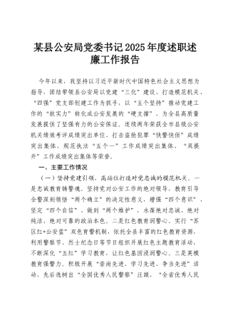 某县公安局党委书记2025年度述职述廉工作报告.docx