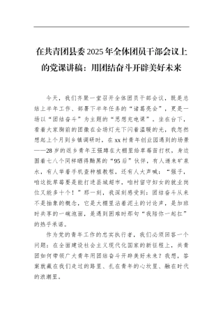 在共青团县委2025年全体团员干部会议上的党课讲稿：用团结奋斗开辟美好未来.docx