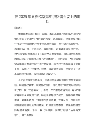 在2025年县委巡察党组织反馈会议上的讲话.docx