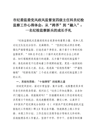 市纪委监委党风政风监督室四级主任科员纪检监察工作心得体会：从“跨界”到“融入”：一名纪检监察新兵的成长手札.docx