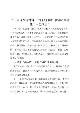 2025书记项目发言材料：“四点四纲”做实基层党建“书记项目”.docx