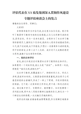 评估代表在XX农发集团深入贯彻作风建设专题评估座谈会上的发言.docx