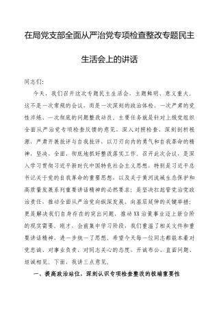 在全面从严治党专项检查整改专题民主生活会上的讲话（局机关党支部）.docx