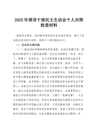 2025年领导干部民主生活会个人对照检查材料.docx