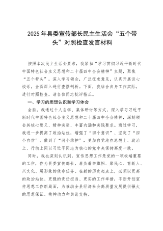 2025 年县委宣传部长民主生活会“五个带头”对照检查发言材料.docx
